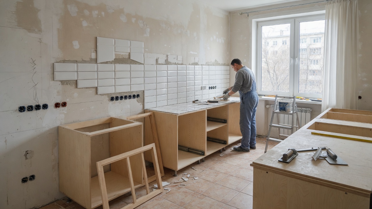 Ремонт кухни в Алматы: фартук из плитки, розетки и сборка гарнитура